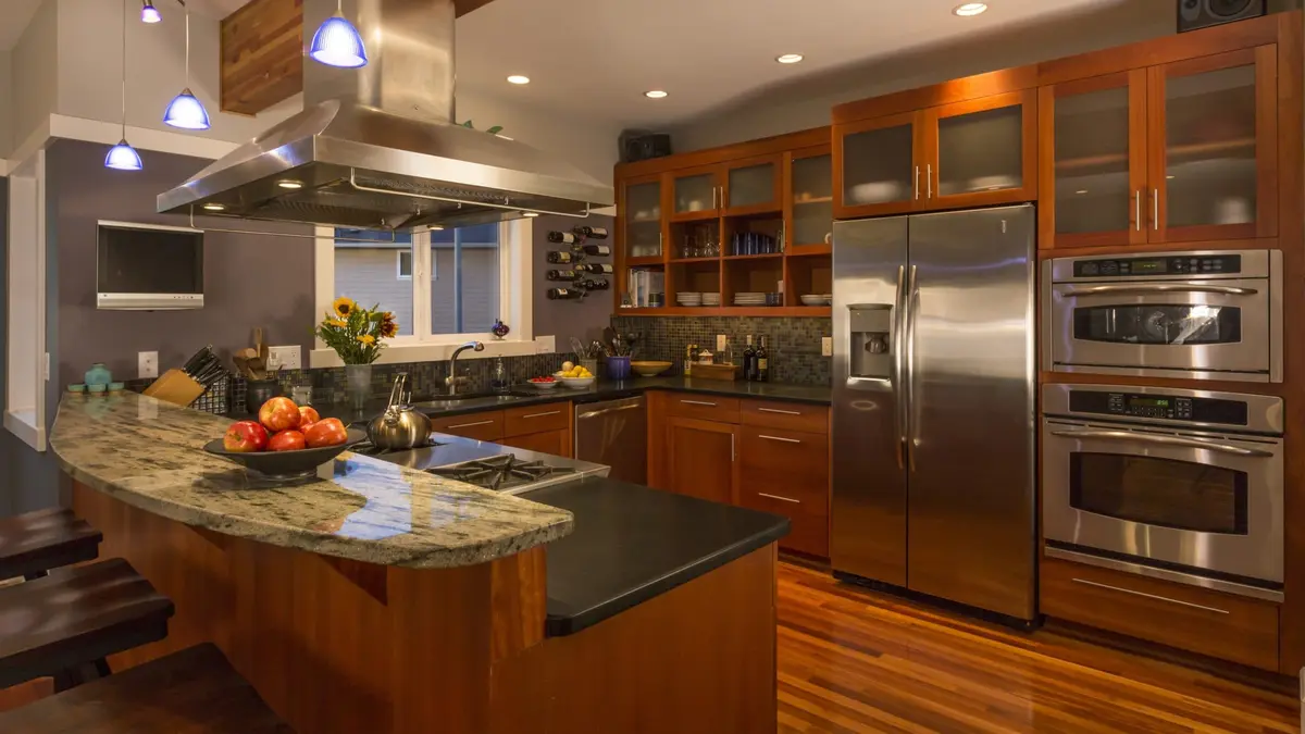 well lit kitchen layout ideas with wooden accents all around