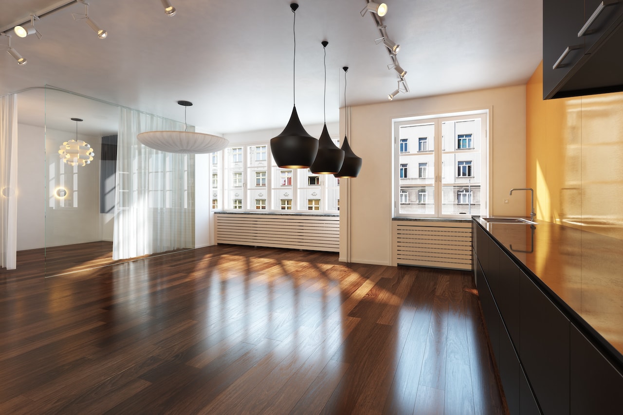 Empty interior with hardwood floors